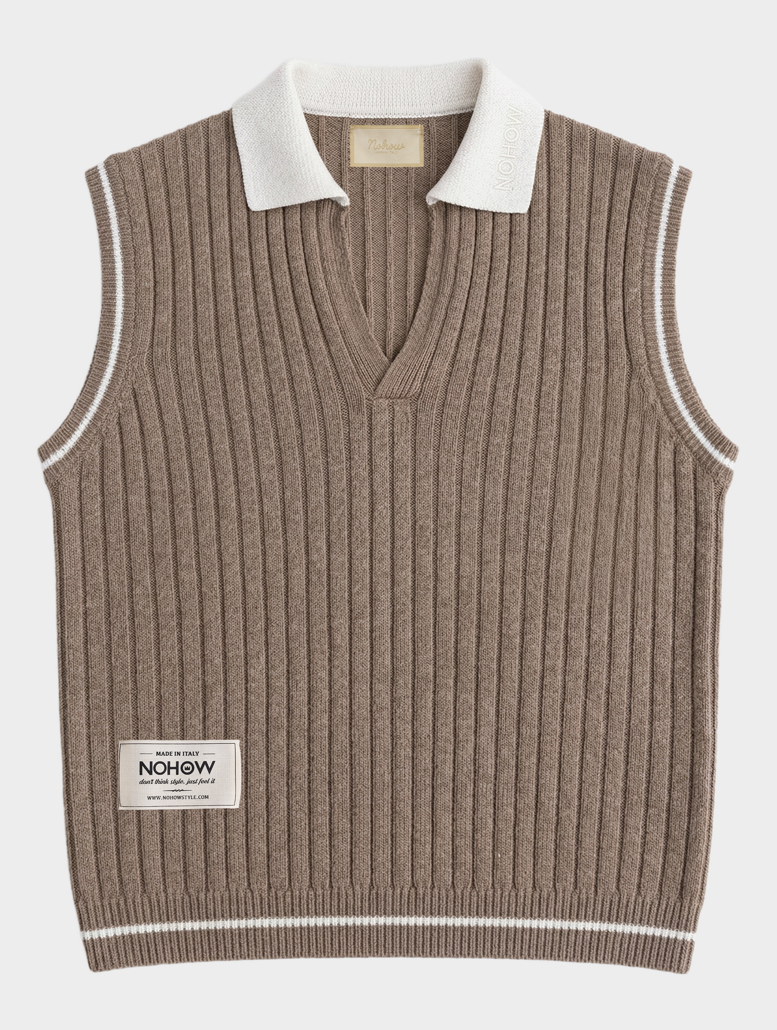 RIBBED VEST IN MUD WITH COLLAR - Luxury Ribbed Knit, Made in Italy