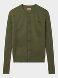 Green ribbed knit cardigan on a white background