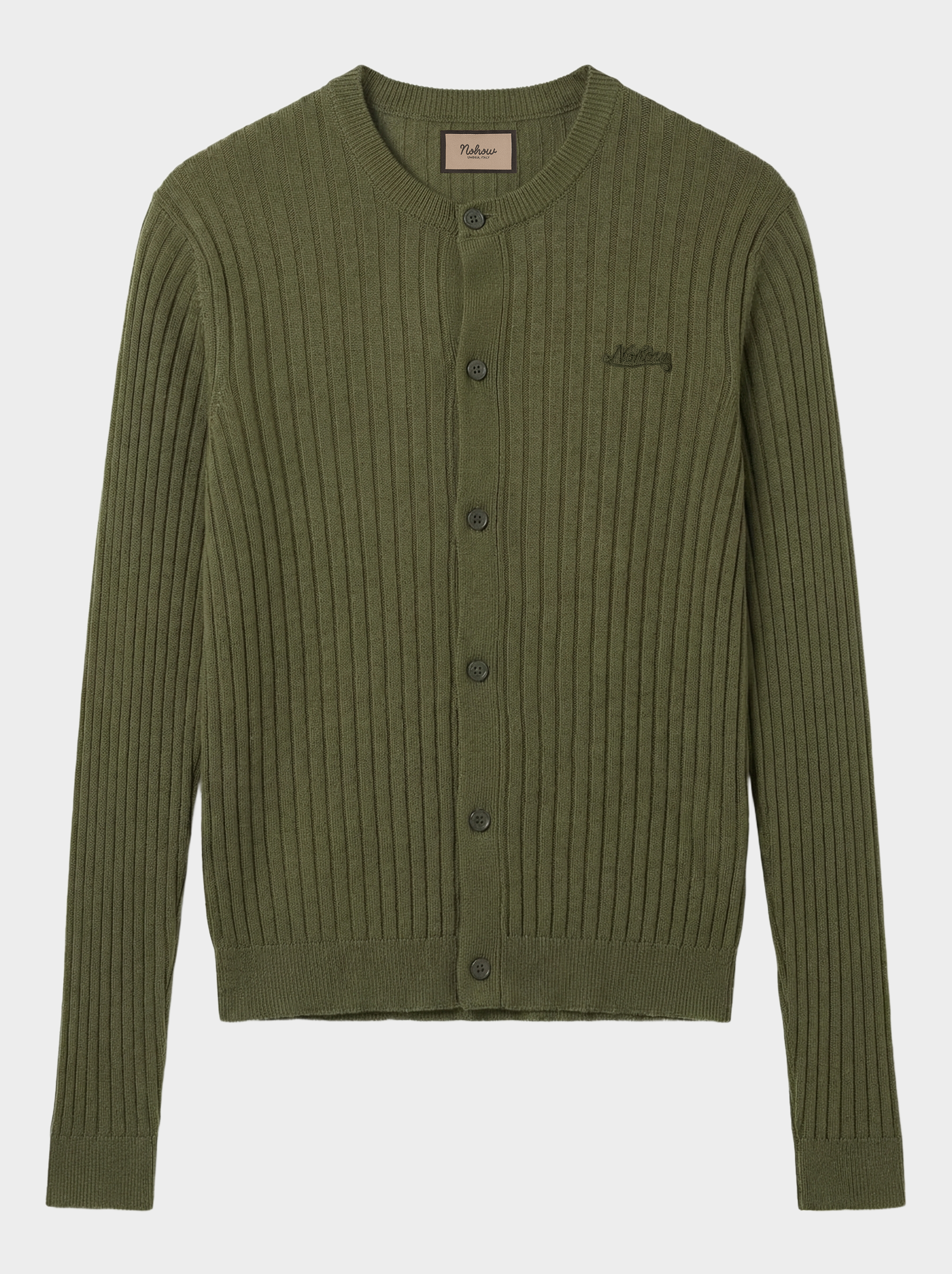 Green ribbed knit cardigan on a white background