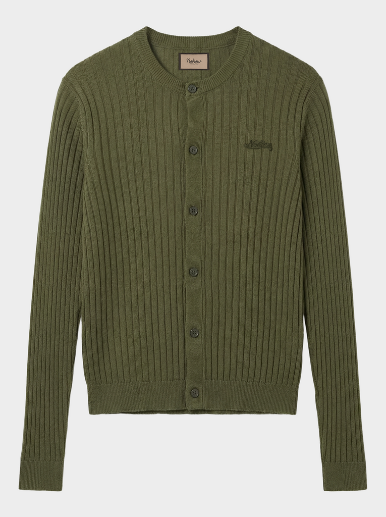 Green ribbed knit cardigan on a white background
