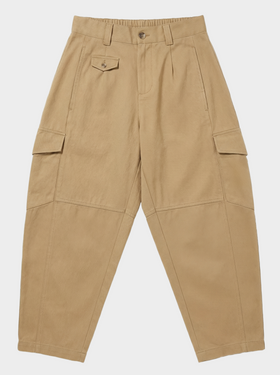 Beige cargo pants with front welt pockets on a white background