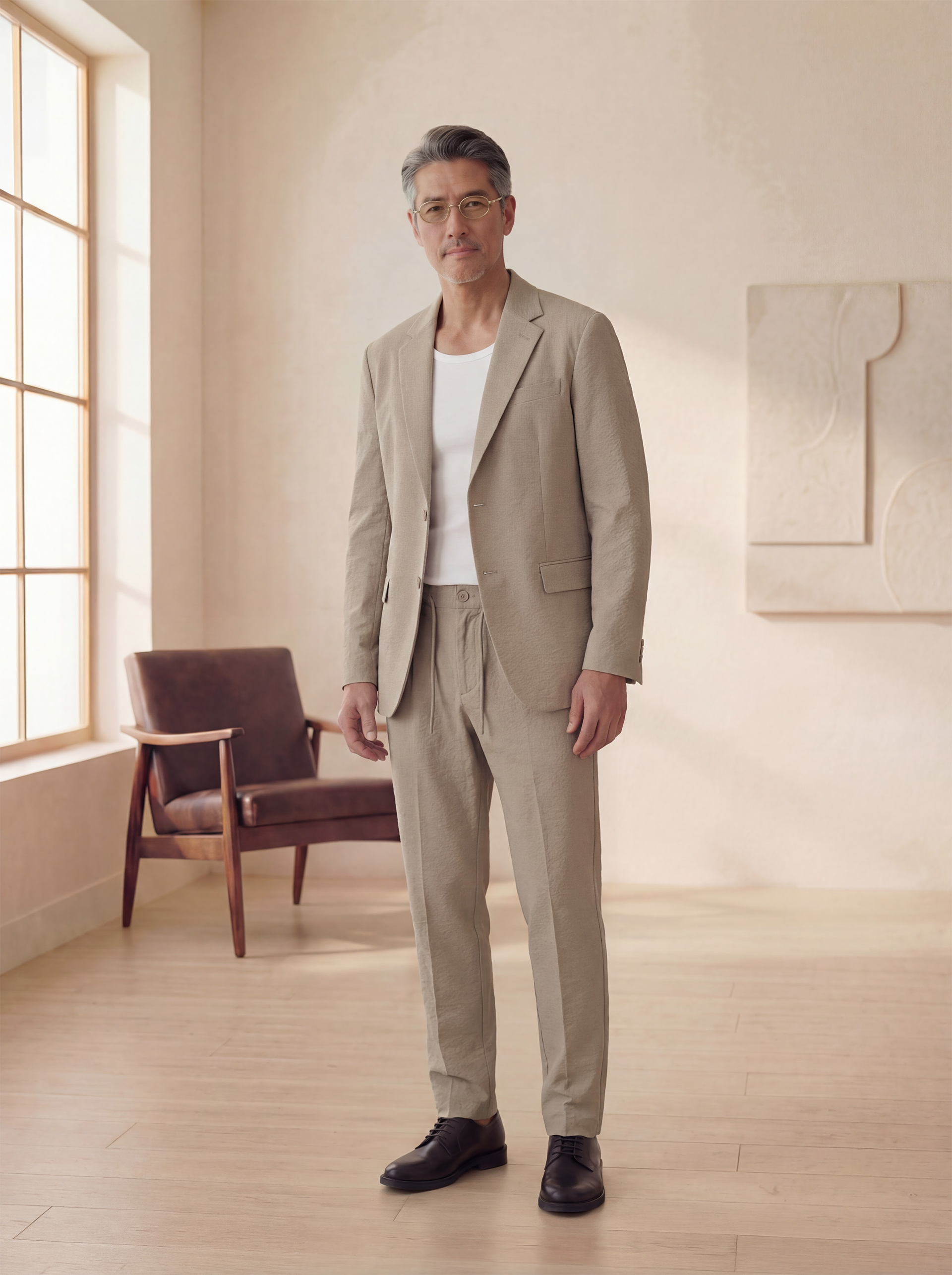 Man wearing sand pants with drawstring