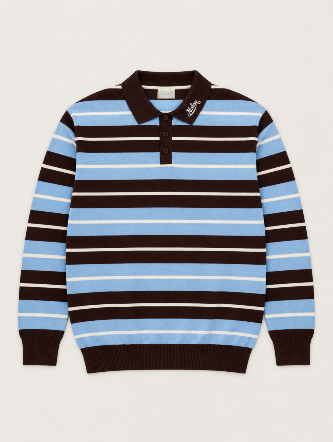 KNITTED STRIPED POLO IN SKY AND COFFEE