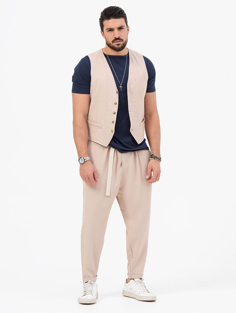 VISCOSE VEST IN BEIGE WITH MARTINGALE