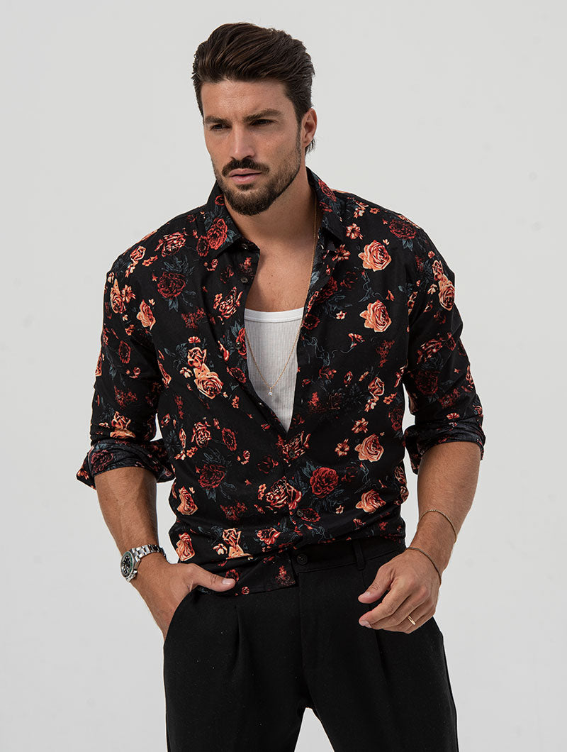 Chemise noir a fleur fashion homme