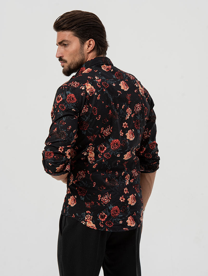 black floral dress shirt Black Yellow Floral Long Sleeve Men Button Up Shirt, Leaves Flowers Print Casual Buttoned Collared Designer Guys Dress Shirt Chest Pocket