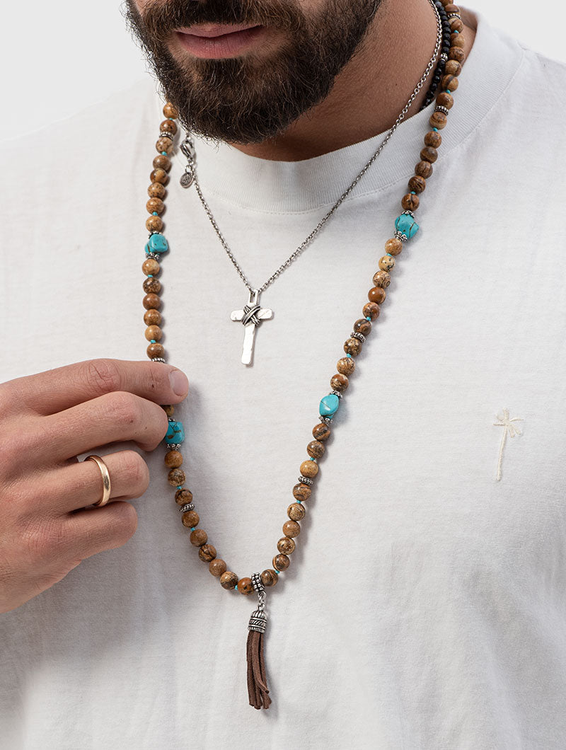 NAADIR LONG NECKLACE IN BEIGE AND TURQUOISE