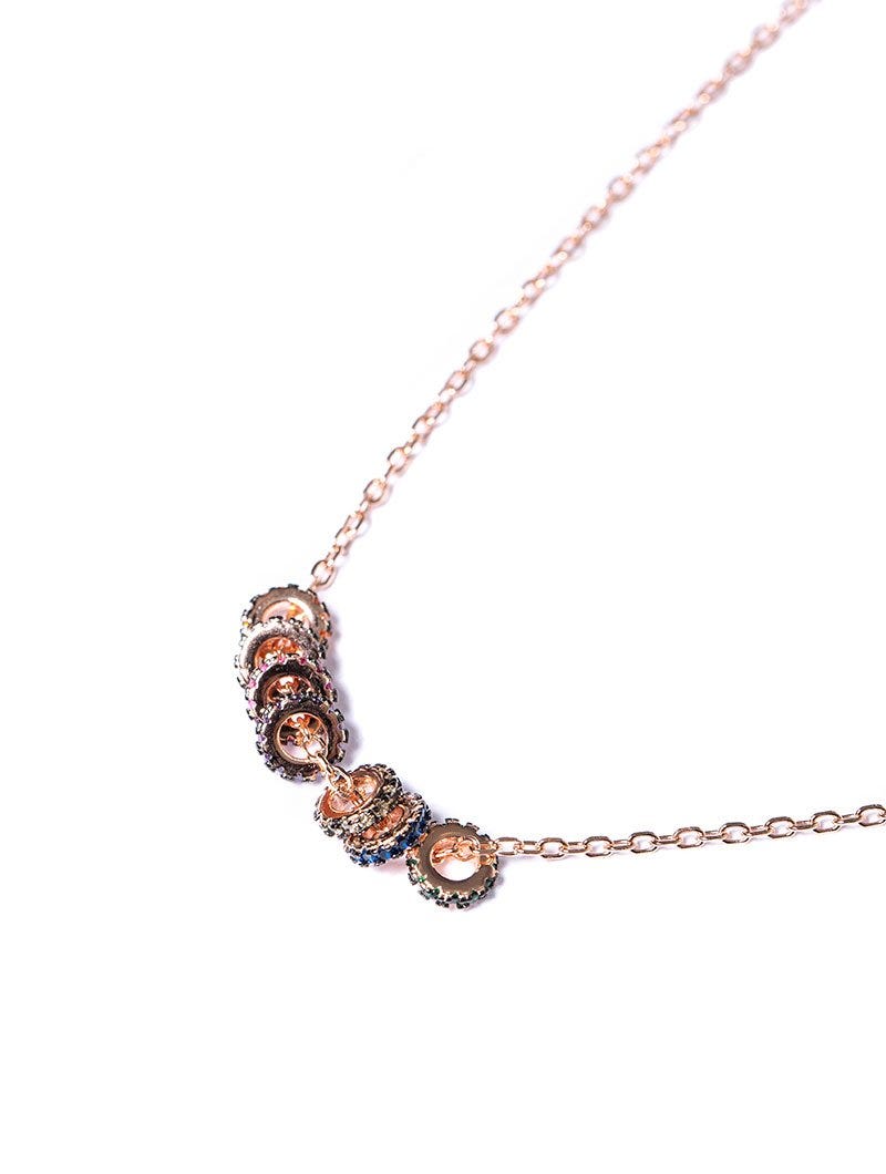 RAINBOW CHAIN NECKLACE IN ROSE GOLD WITH MULTICOLOUR GEARS PENDANTS
