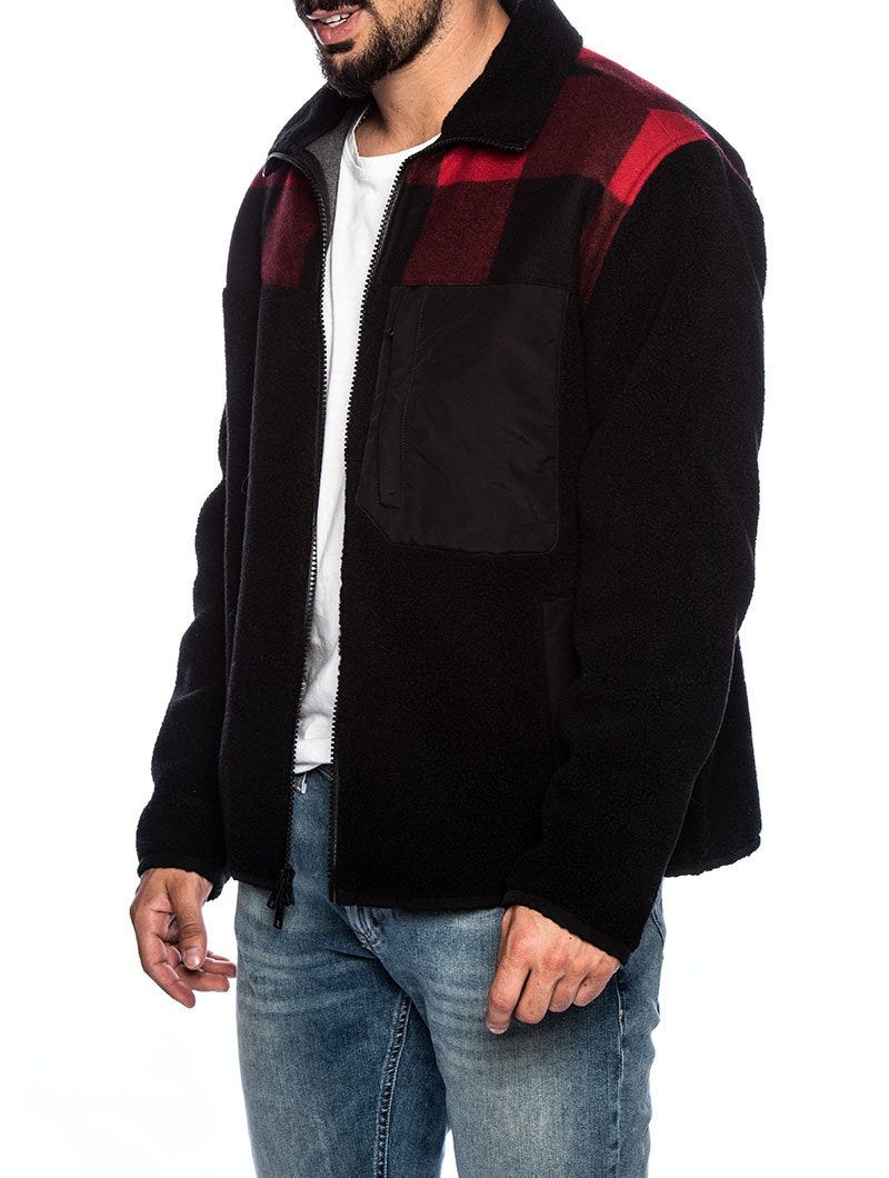 BUFFALO CURLY FZ JACKET IN BLACK AND RED